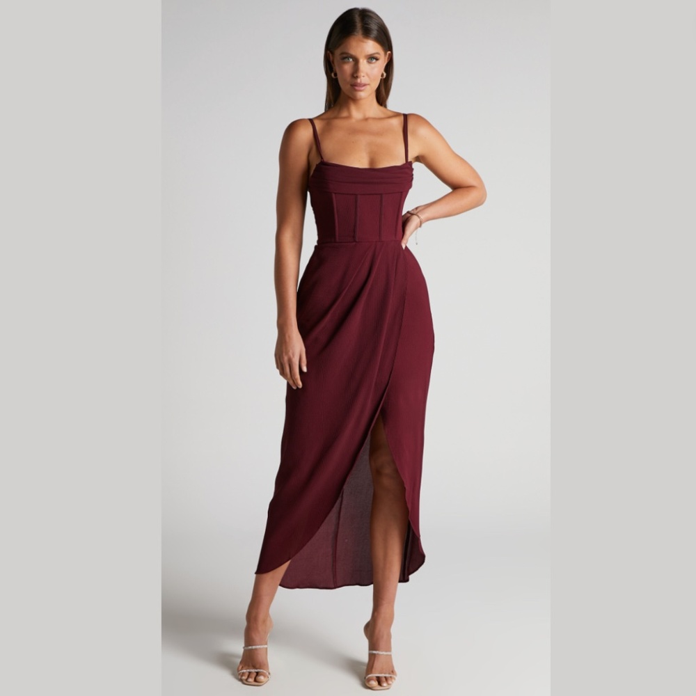 Showpo Wine Red Andria Midi High Low Wrap Corset Dress - US Size 6